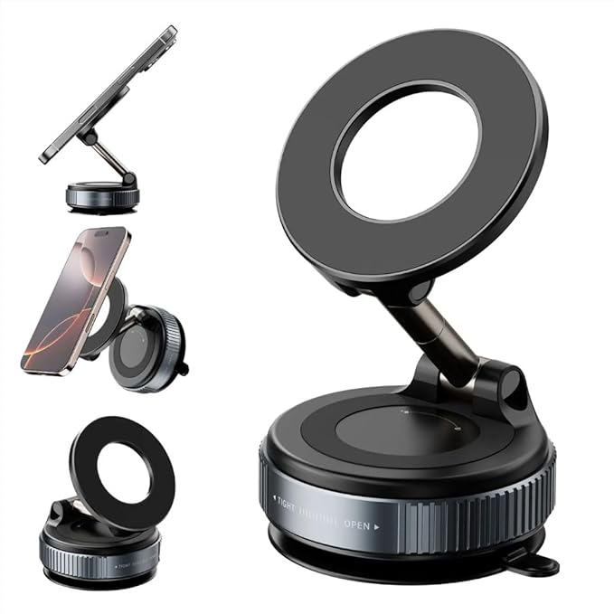 360° Nano Gel Magnetic Phone Holder, Strong Suction Cup Car Mount with Foldable Arm Black