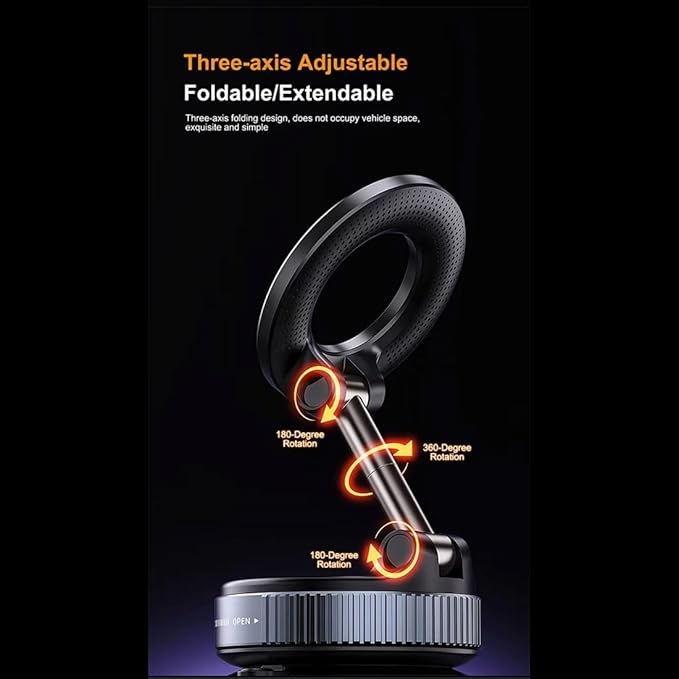 360° Nano Gel Magnetic Phone Holder, Strong Suction Cup Car Mount with Foldable Arm Black