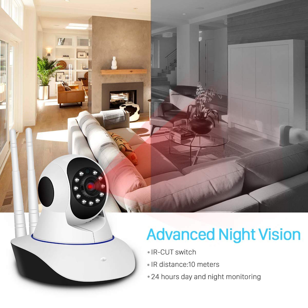 Full HD Wi-Fi CCTV Video Monitor Wireless Home Office Indoor IP Security Camera 1080P with Wall Stand Night Vision Two Way Audio Communication (Double Antenna)