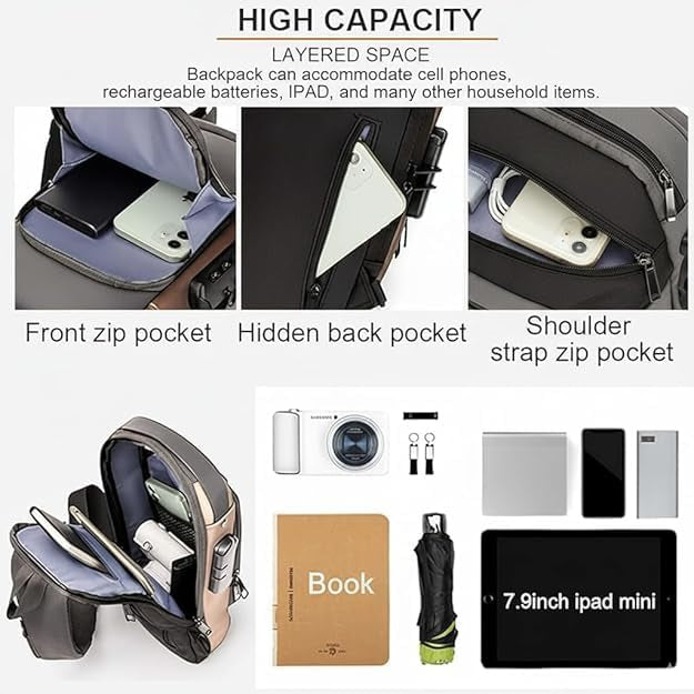 Waterproof Anti-Theft Sling Backpack with USB Charging Port, Password Lock & Hidden Pockets