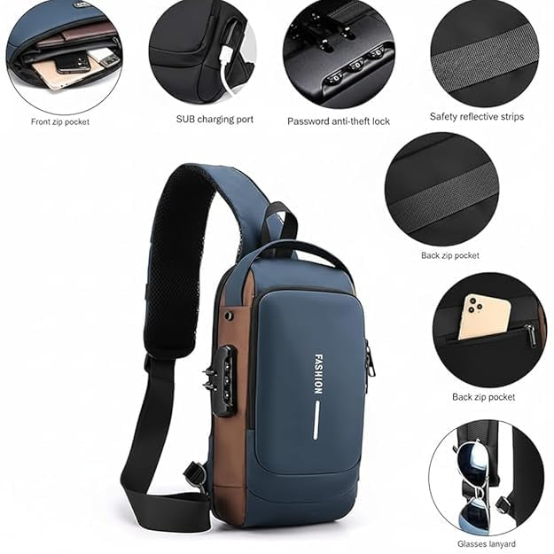 Waterproof Anti-Theft Sling Backpack with USB Charging Port, Password Lock & Hidden Pockets