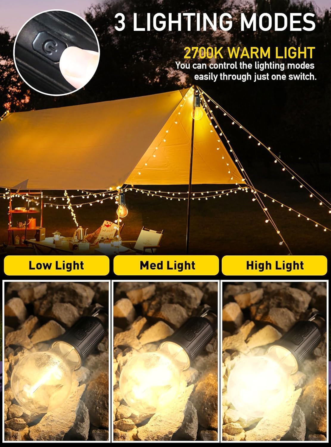Rechargeable Camping Lights, Waterproof LED Tent Lights with USB Cable, 3 Modes Hanging Camping Lantern, Hanging Lamp for Hiking, Emergency, Camping, Household, Car Repairing