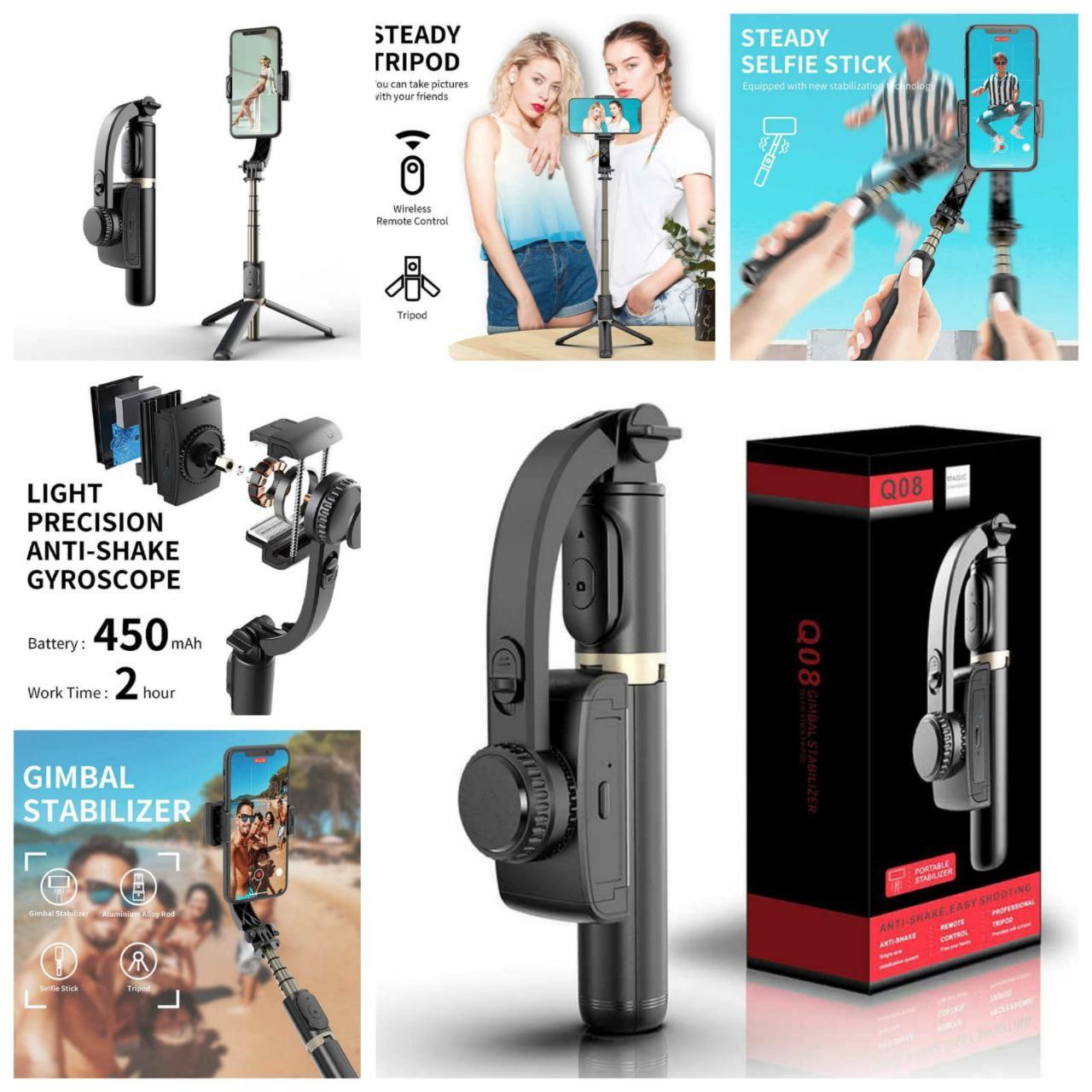 Q08 1-axis Gimbal Stabilizer 3-in-1 Extendable Selfie Stick Tripod-IVXI Single Gimbal for Mobile, Camera Single-Axis wireless Camera Stabilizer