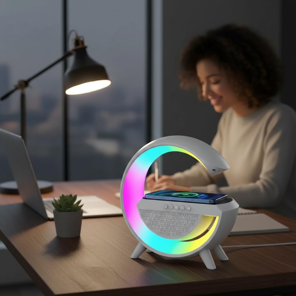3 IN 1 MULTIFUNCTION G SHAPE LED BLUTOOTH SPEAKER WITH WIRELESD FAST CHARGER