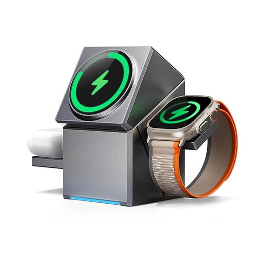3-in-1 Magnetic Mag-Safe Wireless Charging Station with One-Touch Auto Rotation and Fast Charging Compatible with iPhone  12-17 Series, iWatch Ultra/SE2/SE/10-1 & Airpods Pro, 3/2