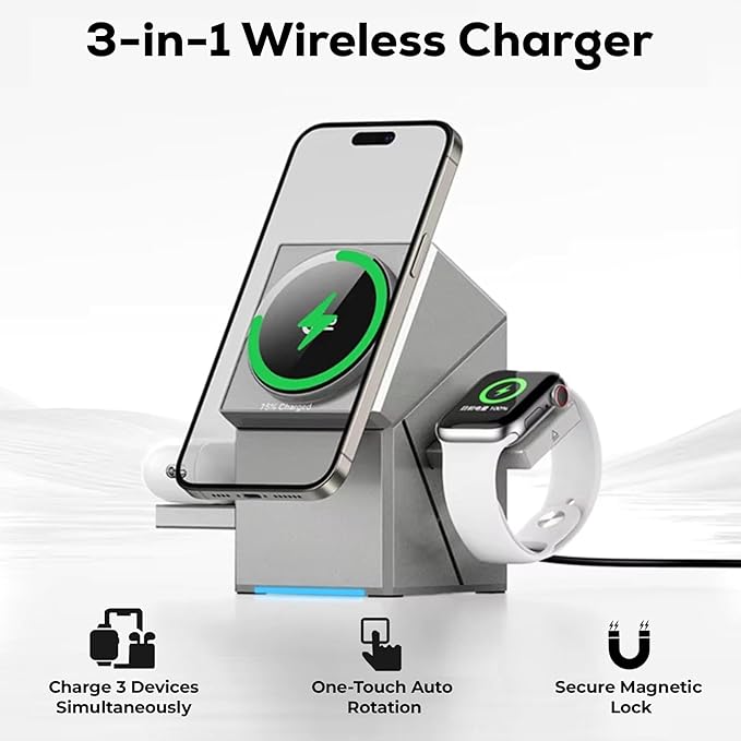 3-in-1 Magnetic Mag-Safe Wireless Charging Station with One-Touch Auto Rotation and Fast Charging Compatible with iPhone  12-17 Series, iWatch Ultra/SE2/SE/10-1 & Airpods Pro, 3/2