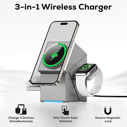 3-in-1 Magnetic Mag-Safe Wireless Charging Station with One-Touch Auto Rotation and Fast Charging Compatible with iPhone  12-17 Series, iWatch Ultra/SE2/SE/10-1 & Airpods Pro, 3/2