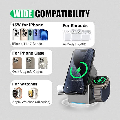 3-in-1 Magnetic Mag-Safe Wireless Charging Station with One-Touch Auto Rotation and Fast Charging Compatible with iPhone  12-17 Series, iWatch Ultra/SE2/SE/10-1 & Airpods Pro, 3/2