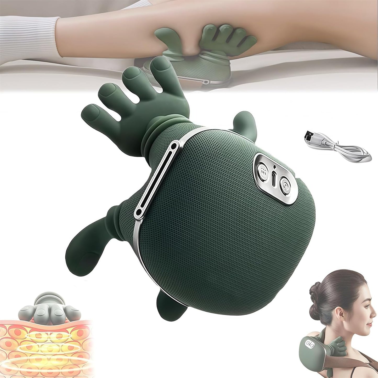 Bionic Heated Massager, Wireless Portable Shiatsu Neck and Back Massager, Electric Deep Tissue 4D Kneading Massage, Simulated Human Hand Design for Pain Relief and Muscle Relax (GREEN B1)
