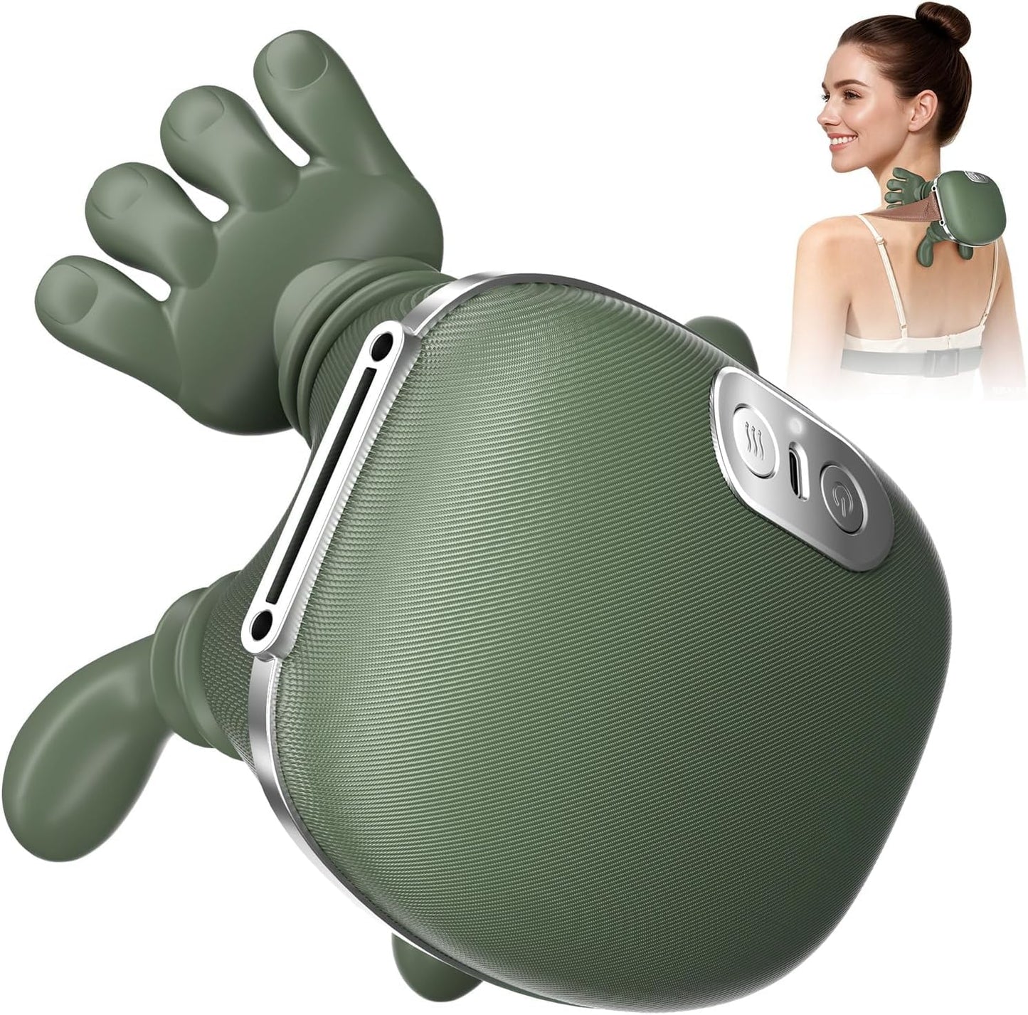 Bionic Heated Massager, Wireless Portable Shiatsu Neck and Back Massager, Electric Deep Tissue 4D Kneading Massage, Simulated Human Hand Design for Pain Relief and Muscle Relax (GREEN B1)