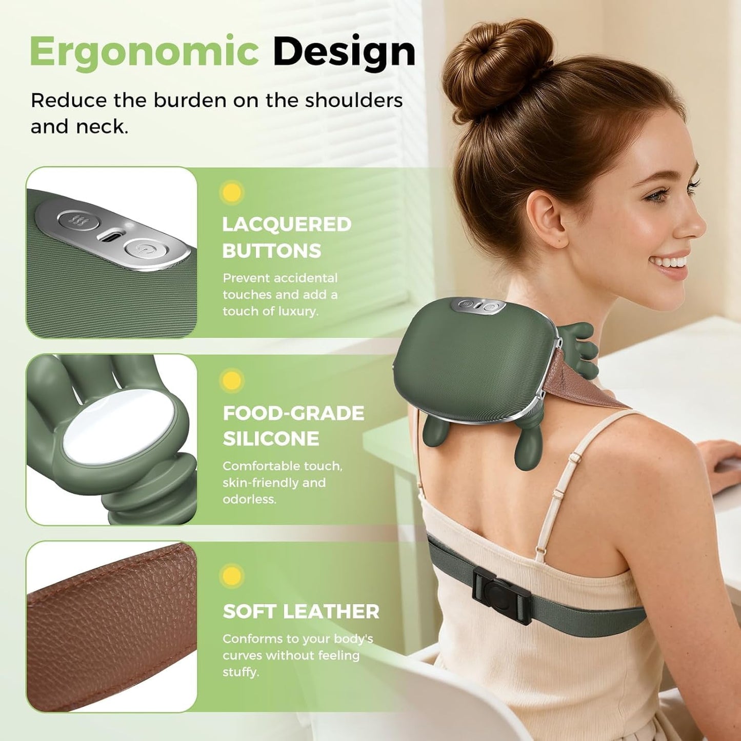 Bionic Heated Massager, Wireless Portable Shiatsu Neck and Back Massager, Electric Deep Tissue 4D Kneading Massage, Simulated Human Hand Design for Pain Relief and Muscle Relax (GREEN B1)