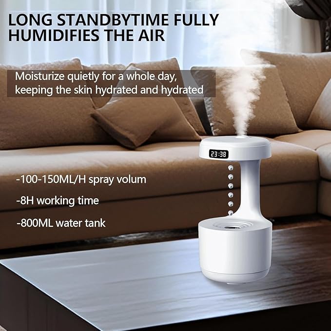 Anti-Gravity Humidifier with LED Display – 800ML Ultrasonic Cool Mist Maker, Quiet Desktop Fogger for Home, Office, Bedroom – Soothing Water Drop Design