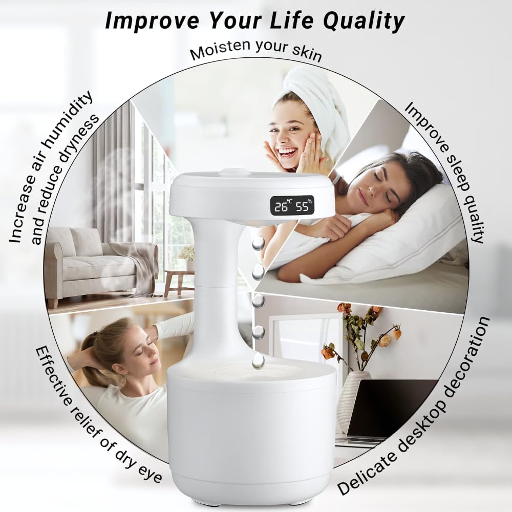 Anti-Gravity Humidifier with LED Display – 800ML Ultrasonic Cool Mist Maker, Quiet Desktop Fogger for Home, Office, Bedroom – Soothing Water Drop Design